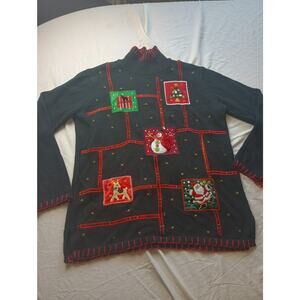 Not So Ugly Christmas Sweater Women Black Knit Mock Neck Long Sleeve Medium